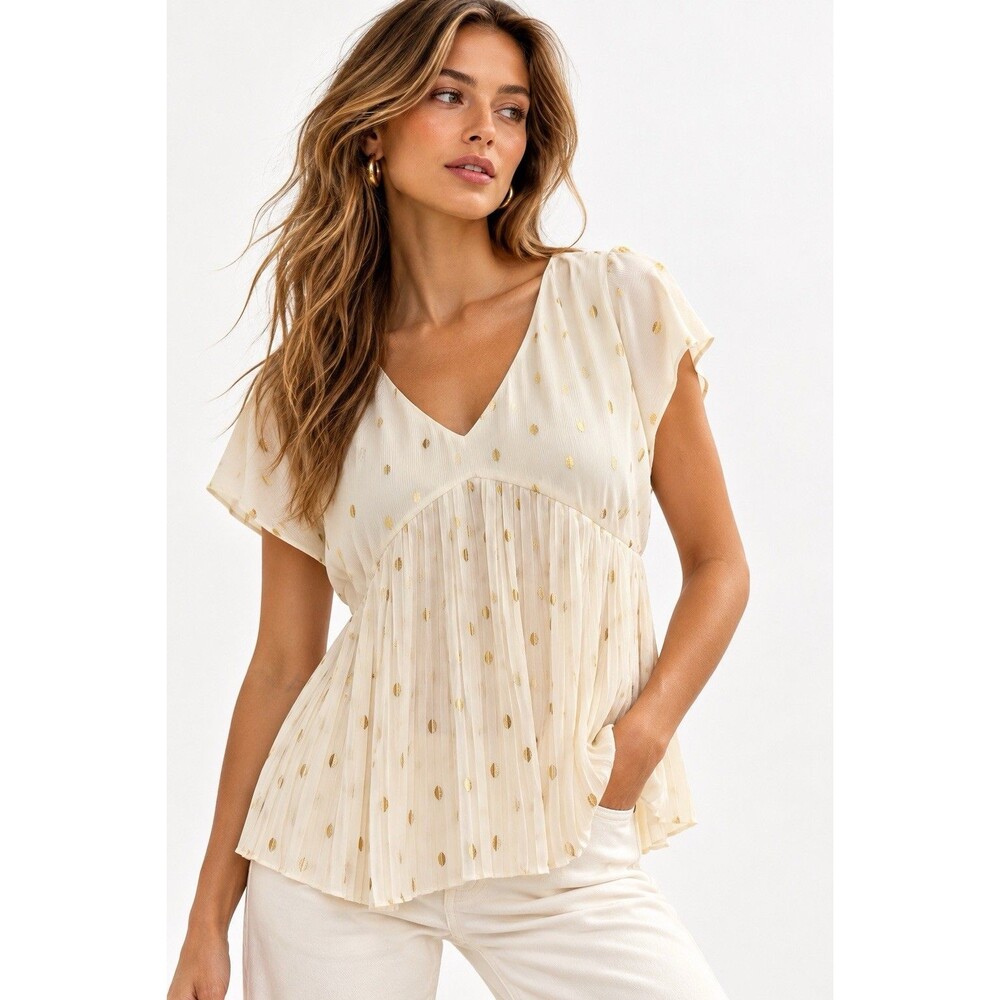Massimo Dutti Ivory Gold Metallic Polka Dot Pleated Babydoll Blouse Size 6